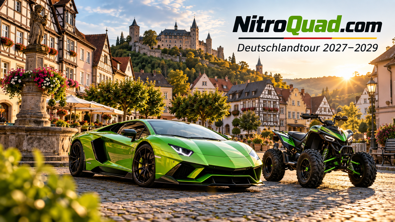 NitroQuad Deutschlandtour 2027–2029 mit grünem Supersportwagen und Quad in einer historischen Altstadt