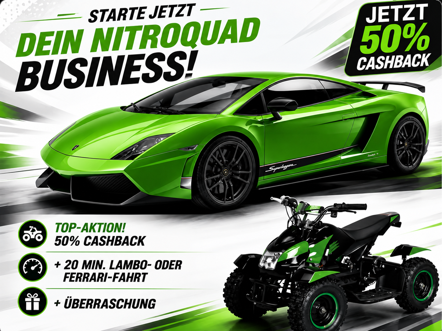 NitroQuad Aktionsmotiv mit grünem Sportwagen und Kinderquad