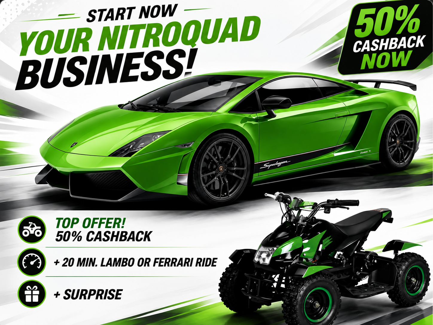NitroQuad campaign visual with green sports car and kids quad